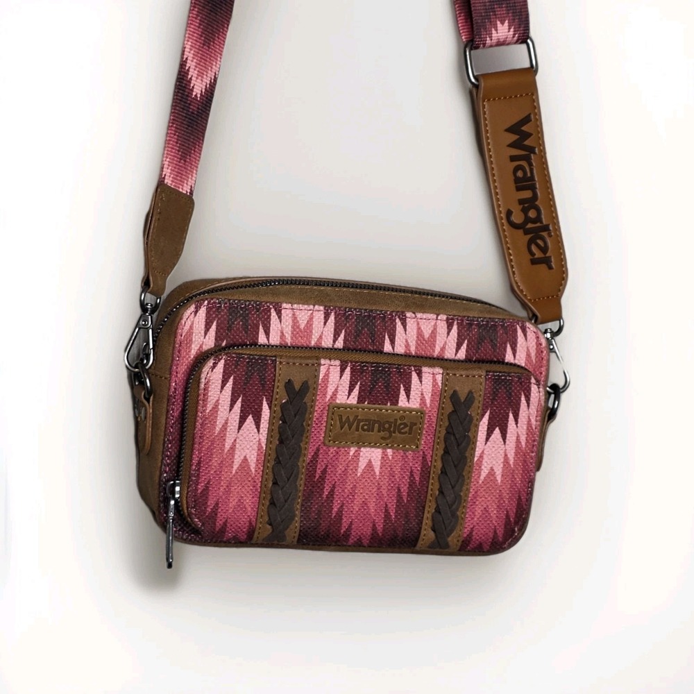 NWOT Wrangler Southwestern Pink Navajo Print Crossbody Purse Wallet Compartmen - Picture 2 of 9